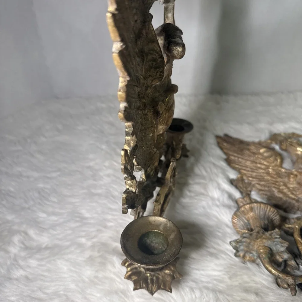 Vintage Brass Eagle Wall Scroll Sconce Candlestick Hollywood Regency Pair 2 MCM